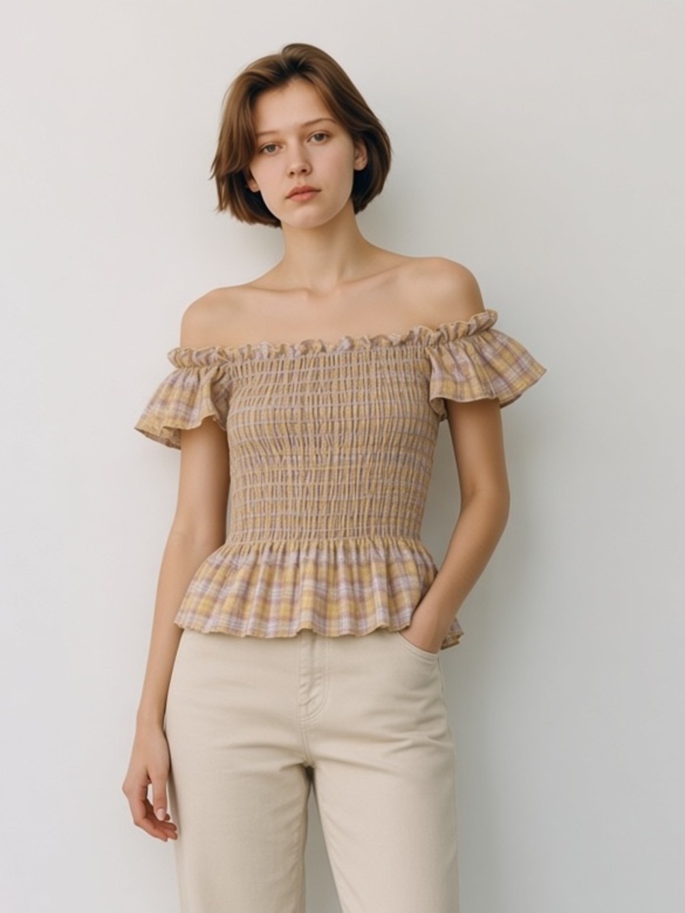 Max Studio Yellow & Tan Plaid Smocked Off-the-Shoulder Top - Size S